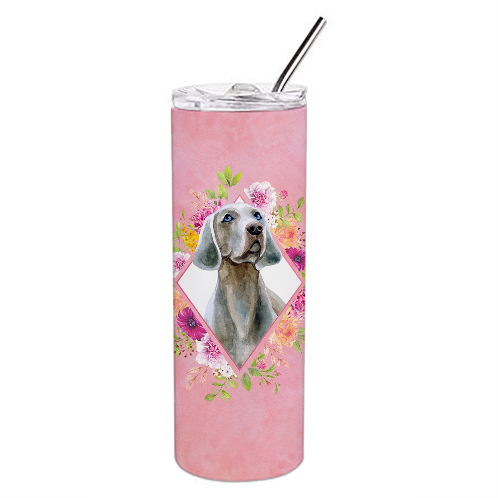 Weimaraner Pink Flowers Double Walled Stainless Steel 20 Oz Skinny Tumbler